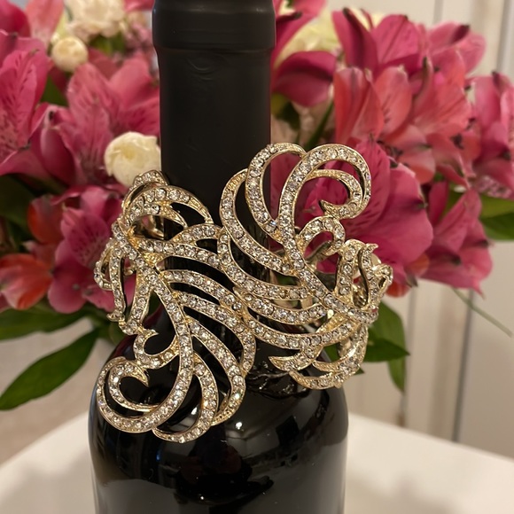 Gold plated rhinestone cuff bracelet. - Picture 2 of 4